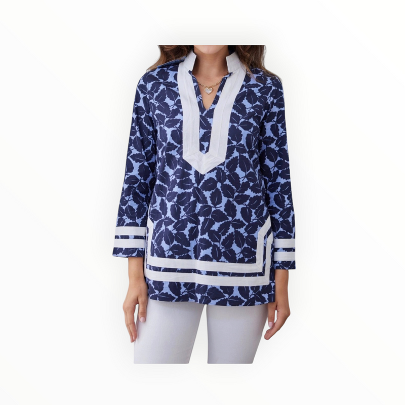 Sail To Sable Autumn Leaf Print Long Sleeve Classic Tunic Top - Hydrangea/Navy