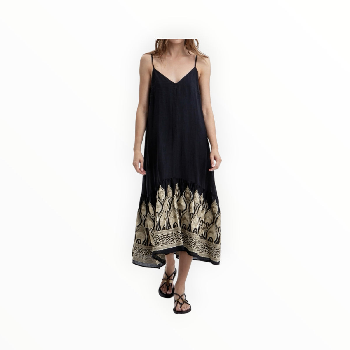 Greek Archaic Kori Ramie Embroidered Maxi Dress - Black/Gold