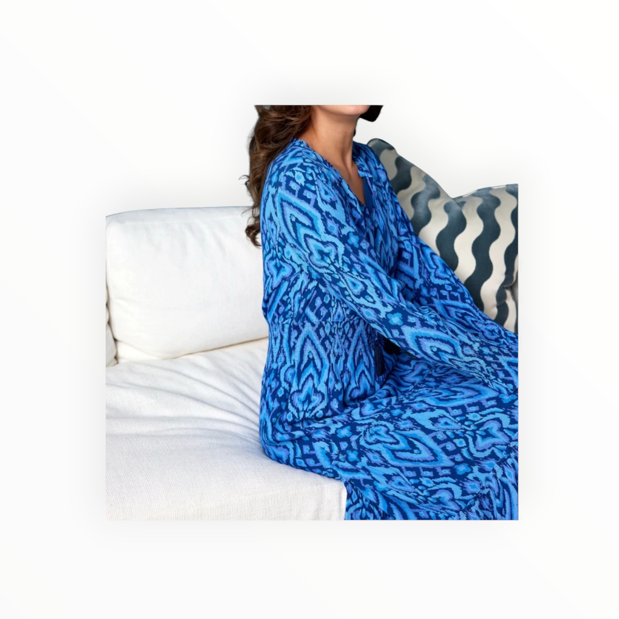 Sail To Sable Blue Ikat Smocked Waist Midi Dress with Tassels