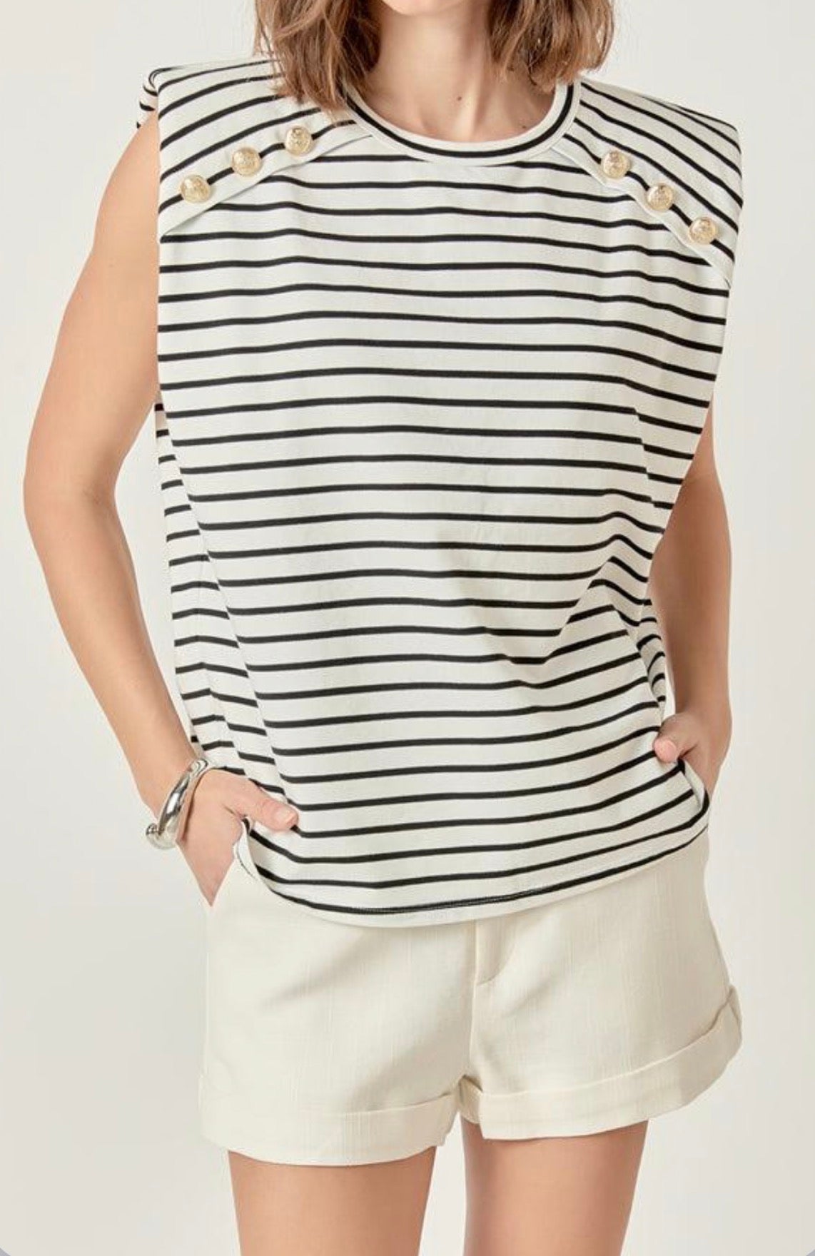 English Factory Power Shoulder Stripe Top - Black/White