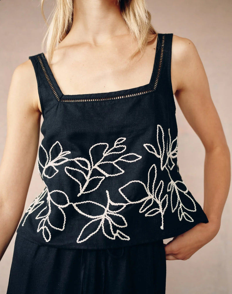 Bella Dahl Square Neck Ladder Trim Top - Black
