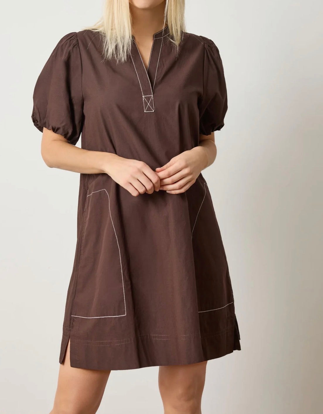 LILLA|P Shirred Sleeve Split Neck Dress - Espresso