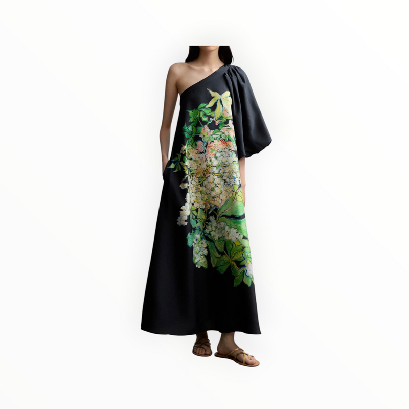 Psophía Print Silk One Shoulder Dress - Black