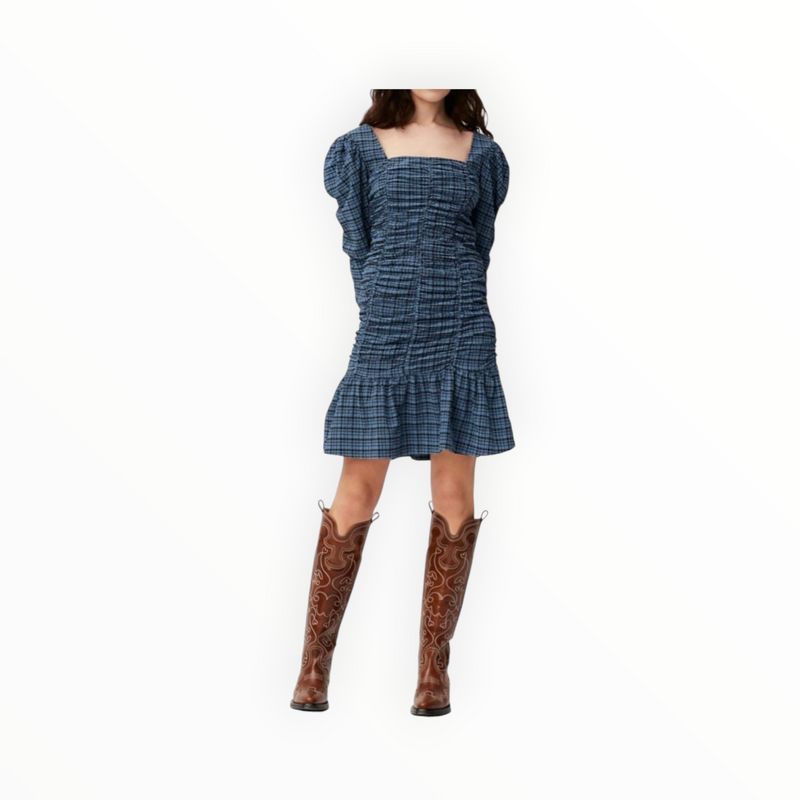 Ganni Stretch Seersucker Gathered Mini Dress - Mini Check Granada Sky
