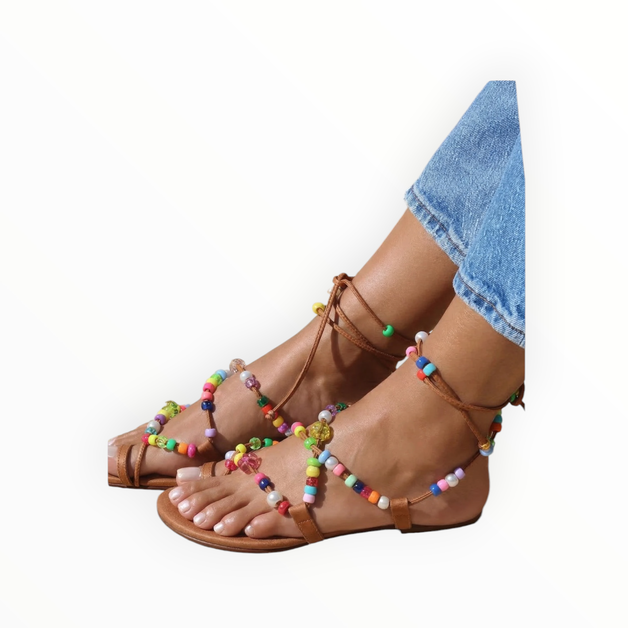 Alameda Turquesa Alegria Beaded Sandals - Tan Leather