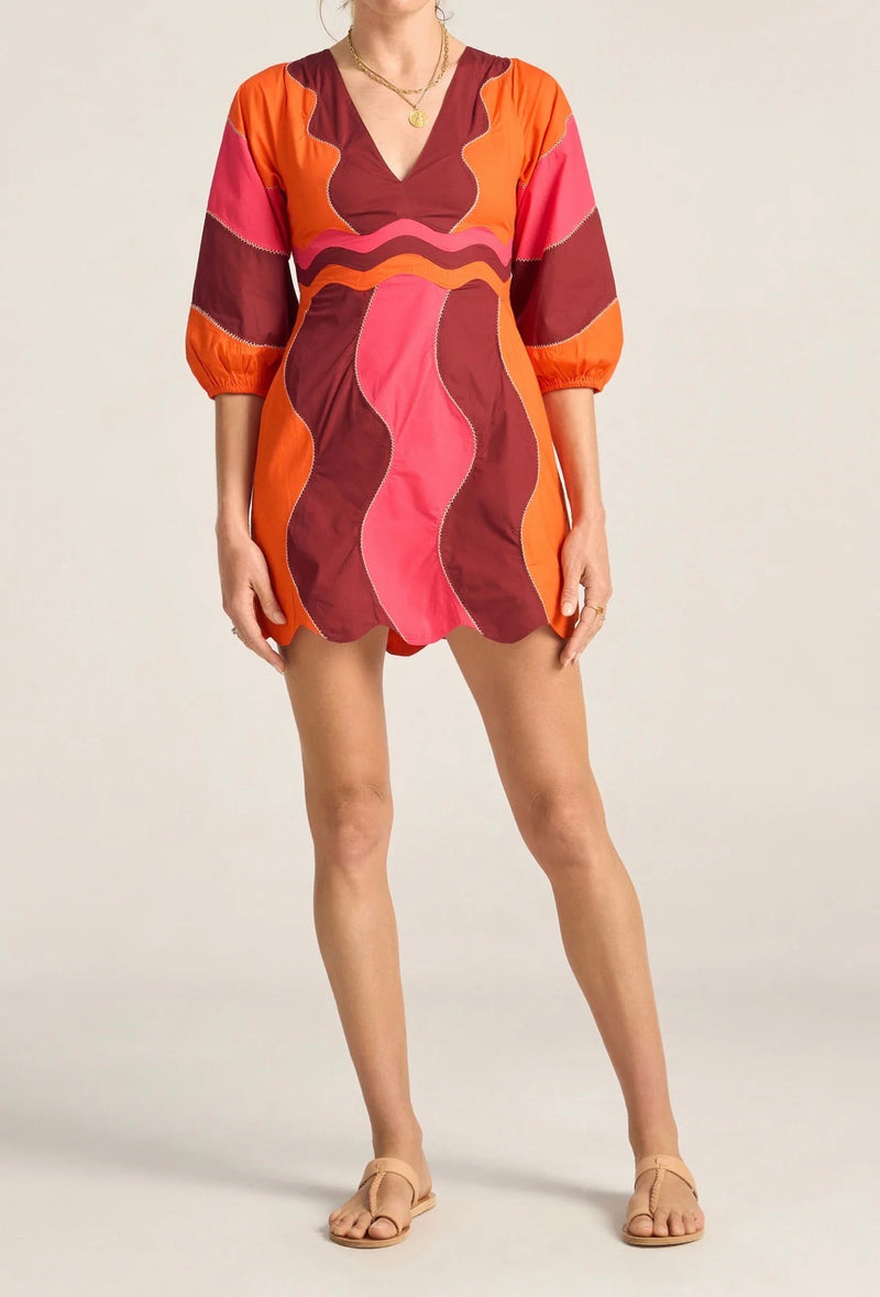 ILIO NEMA Wave Patchwork Poplin Leda Dress - Red/Pink