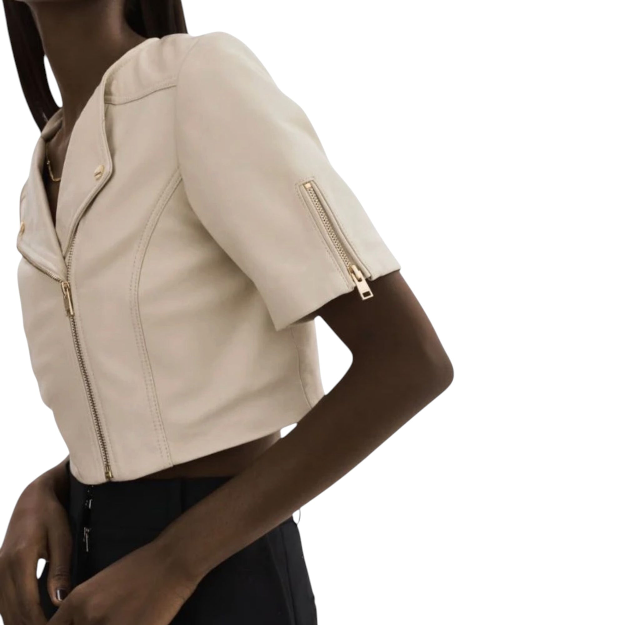 Lamarque Kirsi Gold Cropped Biker Jacket - Bone