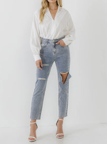 endless rose V Neck Puff Sleeve Top - White