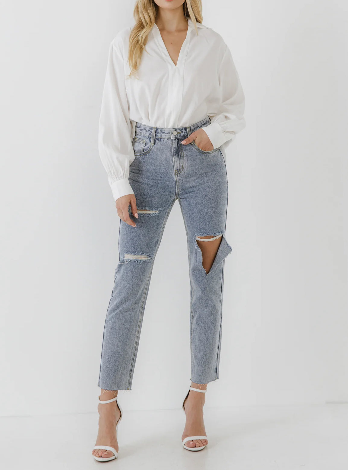 endless rose V Neck Puff Sleeve Top - White