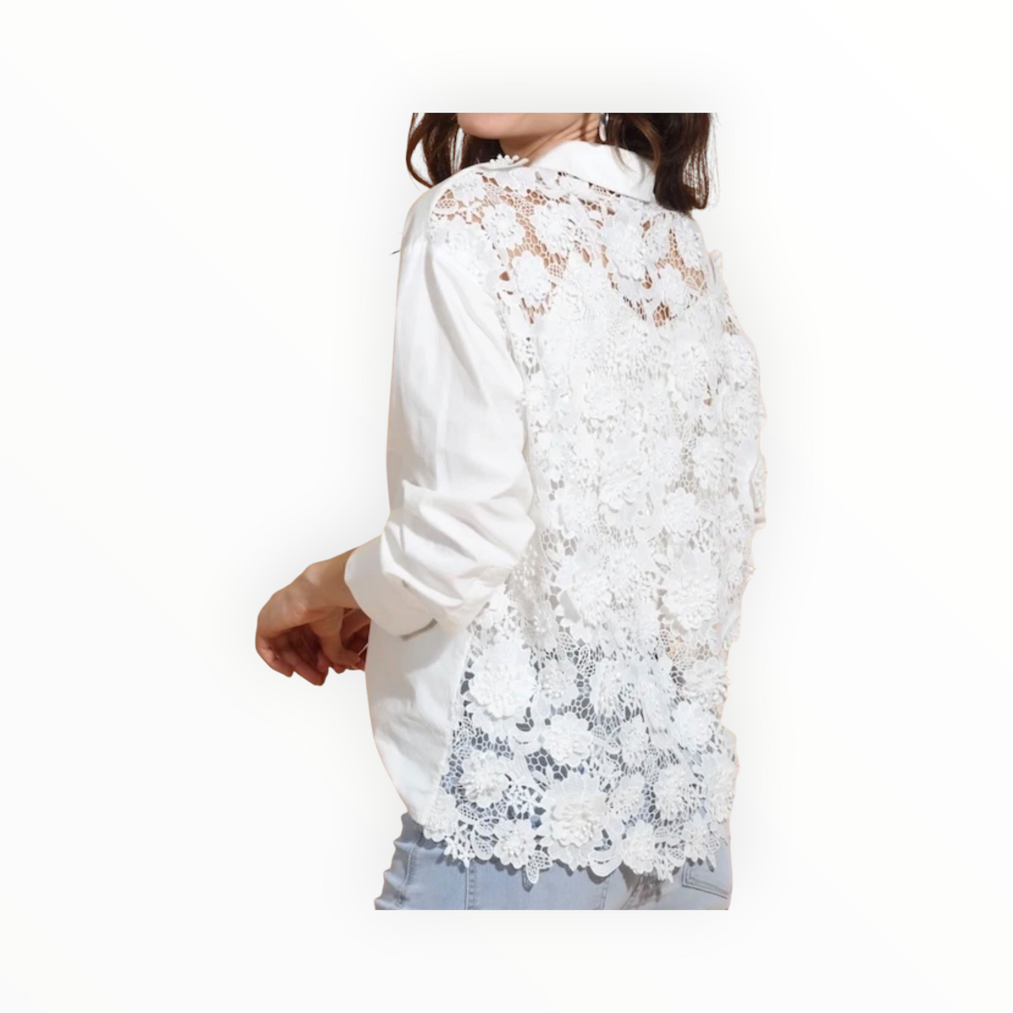 Jessie Liu Cotton Shirt with 3-D Applique Lace Back - White