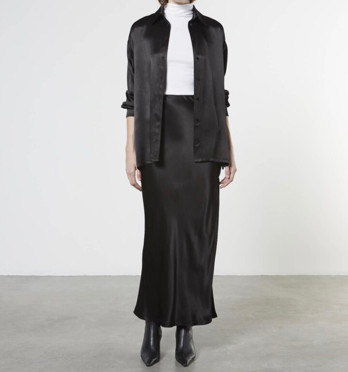 Enza Costa Satin Long Sleeve Shirt - Black