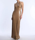 BCBGMAXAZRIA Sequin Cutout Halter Gown - Almond