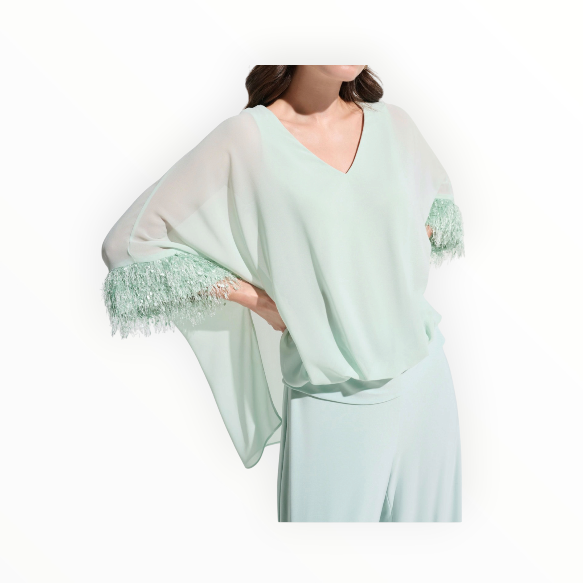 Joseph Ribkoff Chiffon Poncho Top With Novelty Trim - Pistachio