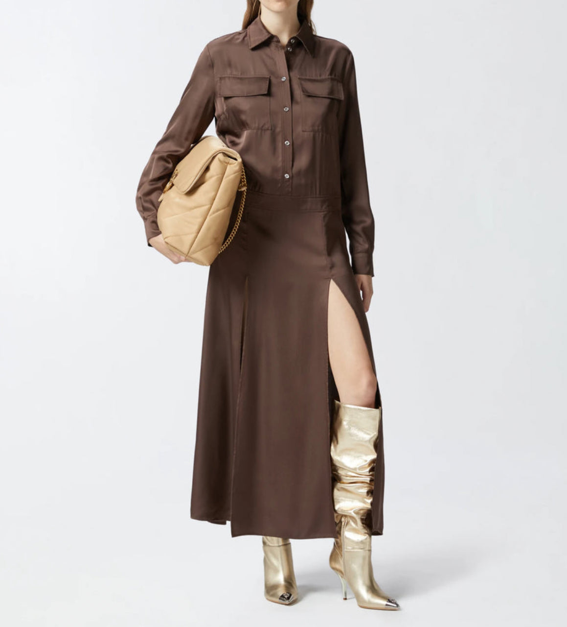 PINKO Long Satin Shirt Dress - Coffee