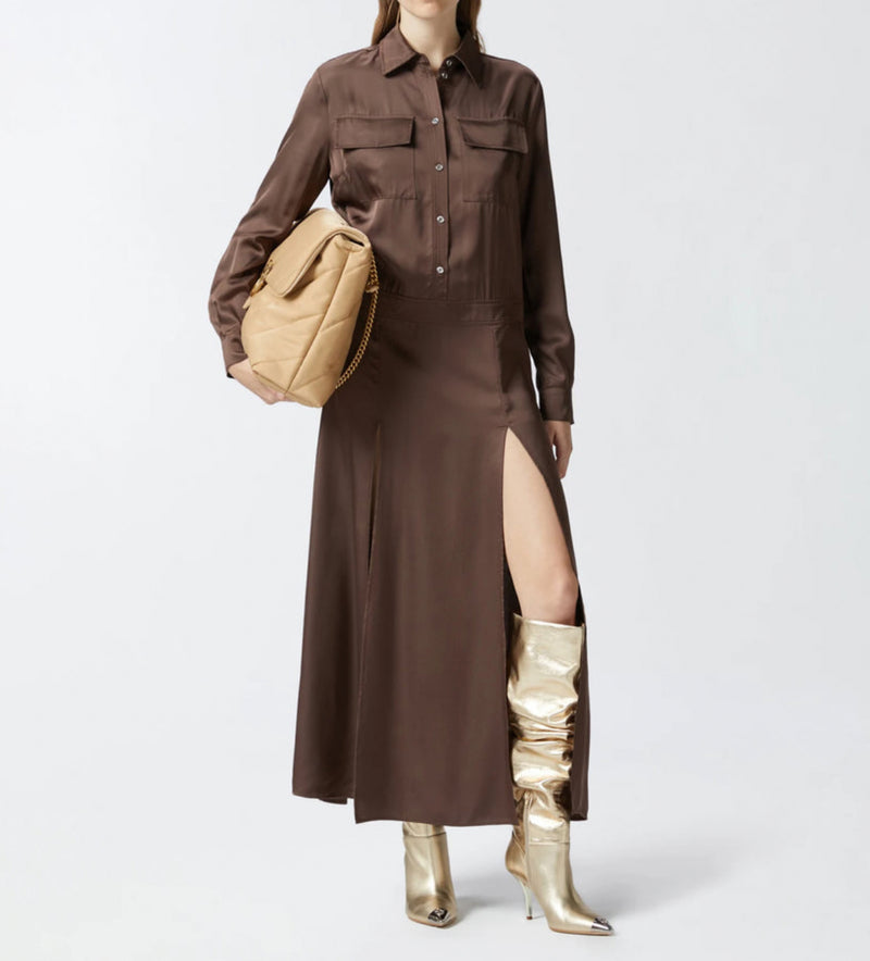 PINKO Long Satin Shirt Dress - Coffee