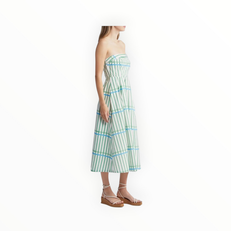 Du Paradis Marseille Stripe Strapless Fit & Flare Sundress - Ocean Green Stripe