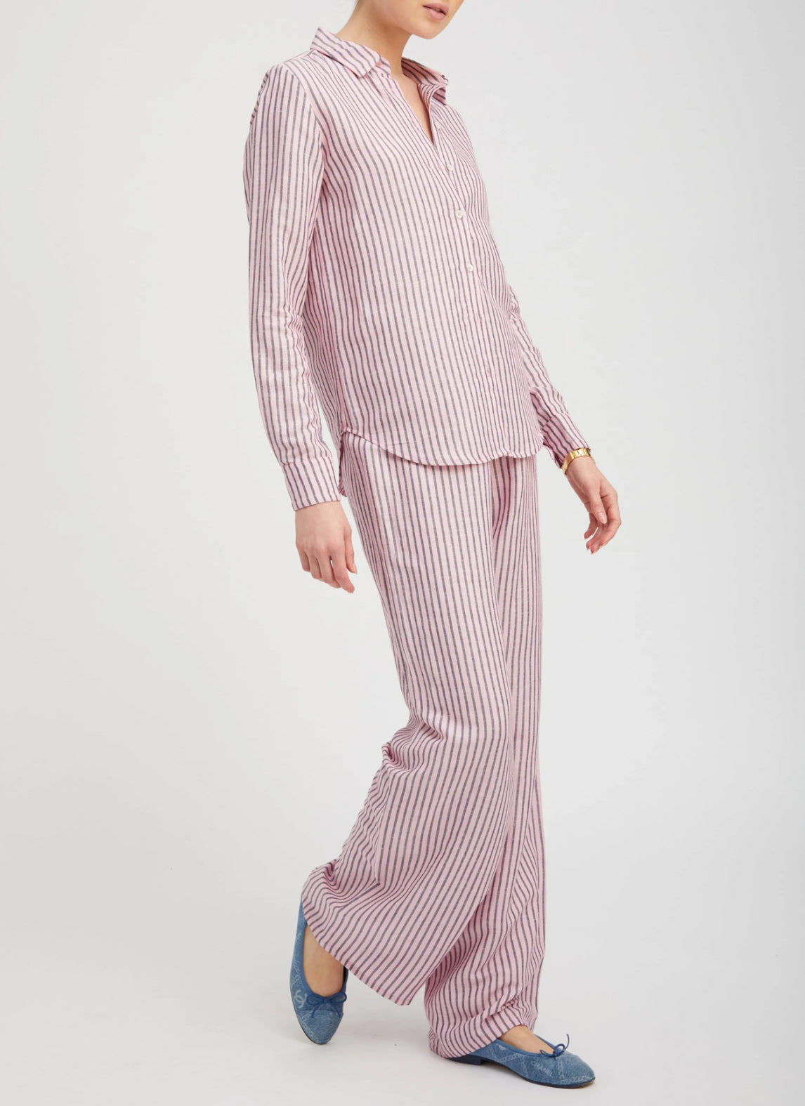 SPRWMN Pink Indigo Striped Linen Easy Pants