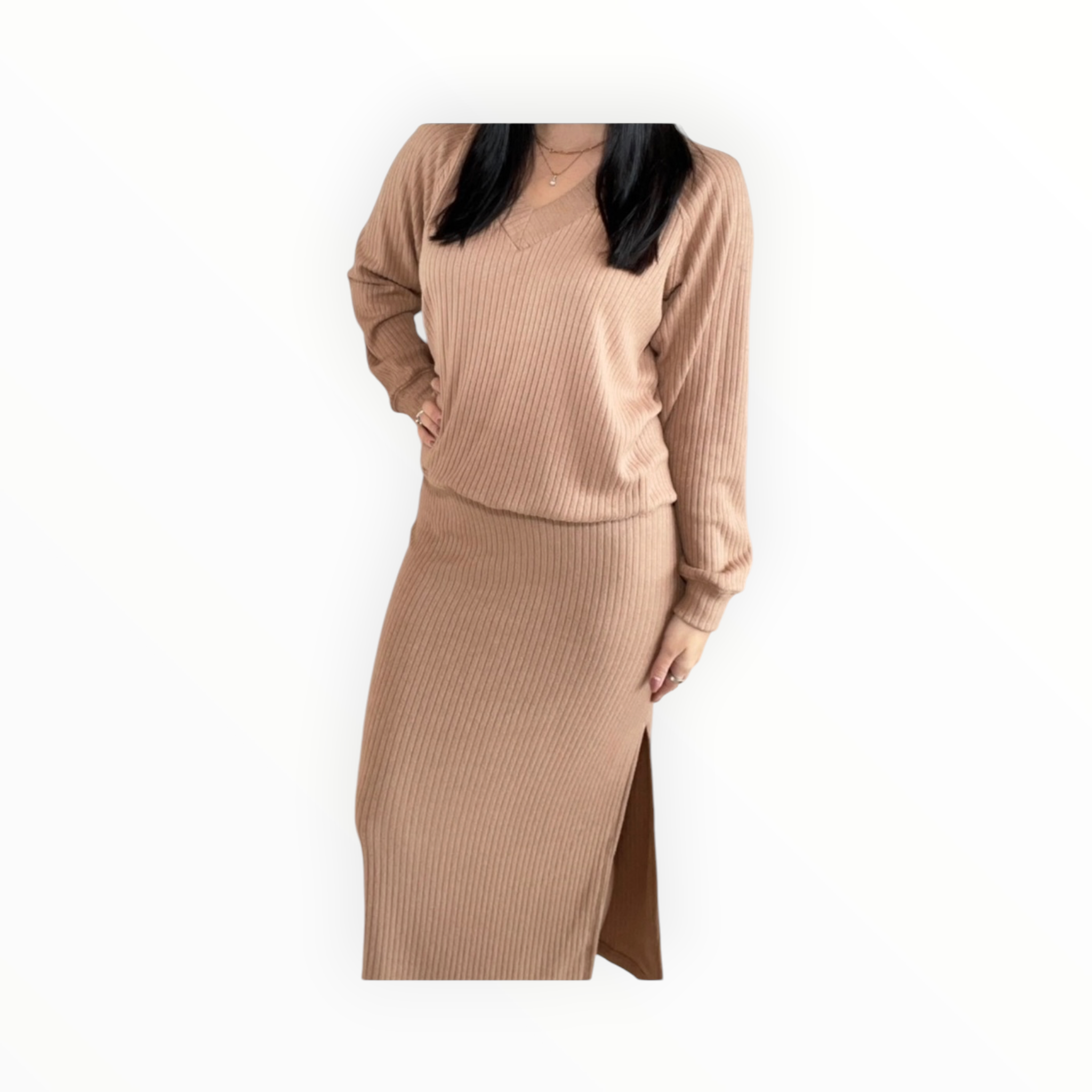 Stateside Rachel Chunky Rib Side Slit Skirt - Toffee
