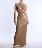 BCBGMAXAZRIA Sequin Cutout Halter Gown - Almond