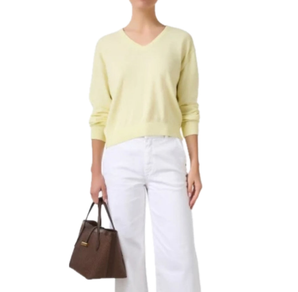 White + Warren Cotton Blend Rib Trim V-Neck - Lemon Sorbet