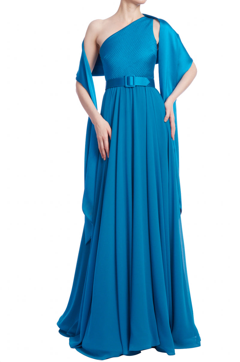 Badgley Mischka Sleeveless One-Shoulder Gown - Prussian Blue