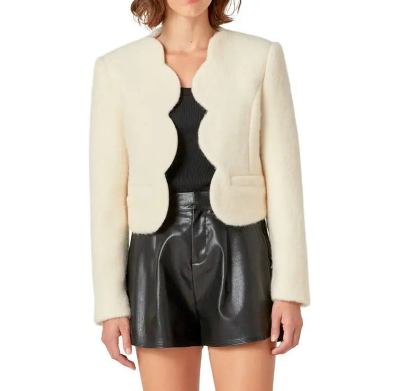 English Factory Scalloped Wool Blend Crop Jacket - Off White