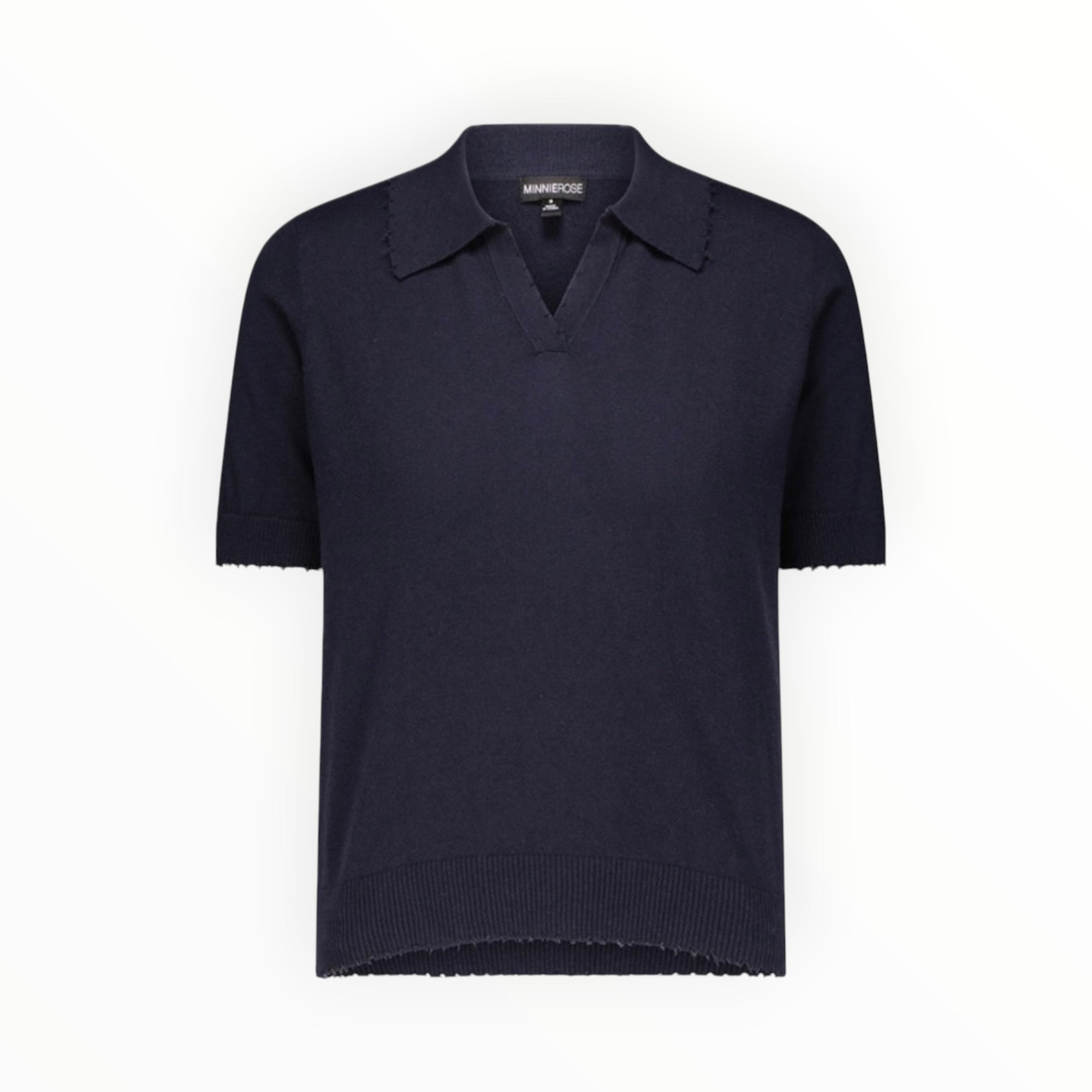 Minnie Rose Cotton Cashmere Frayed Polo - Navy
