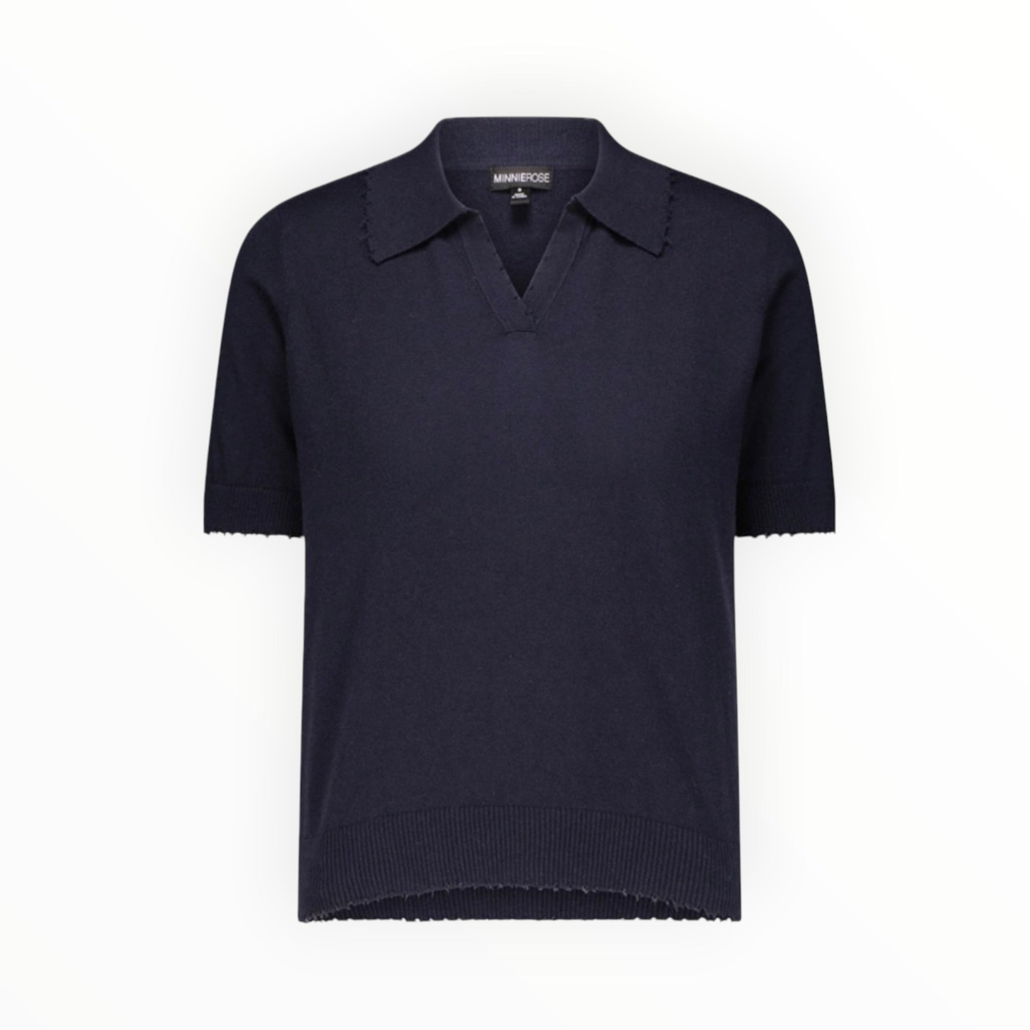 Minnie Rose Cotton Cashmere Frayed Polo - Navy