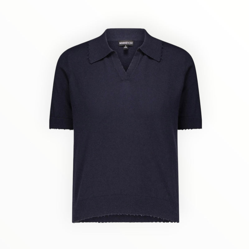 Minnie Rose Cotton Cashmere Frayed Polo - Navy
