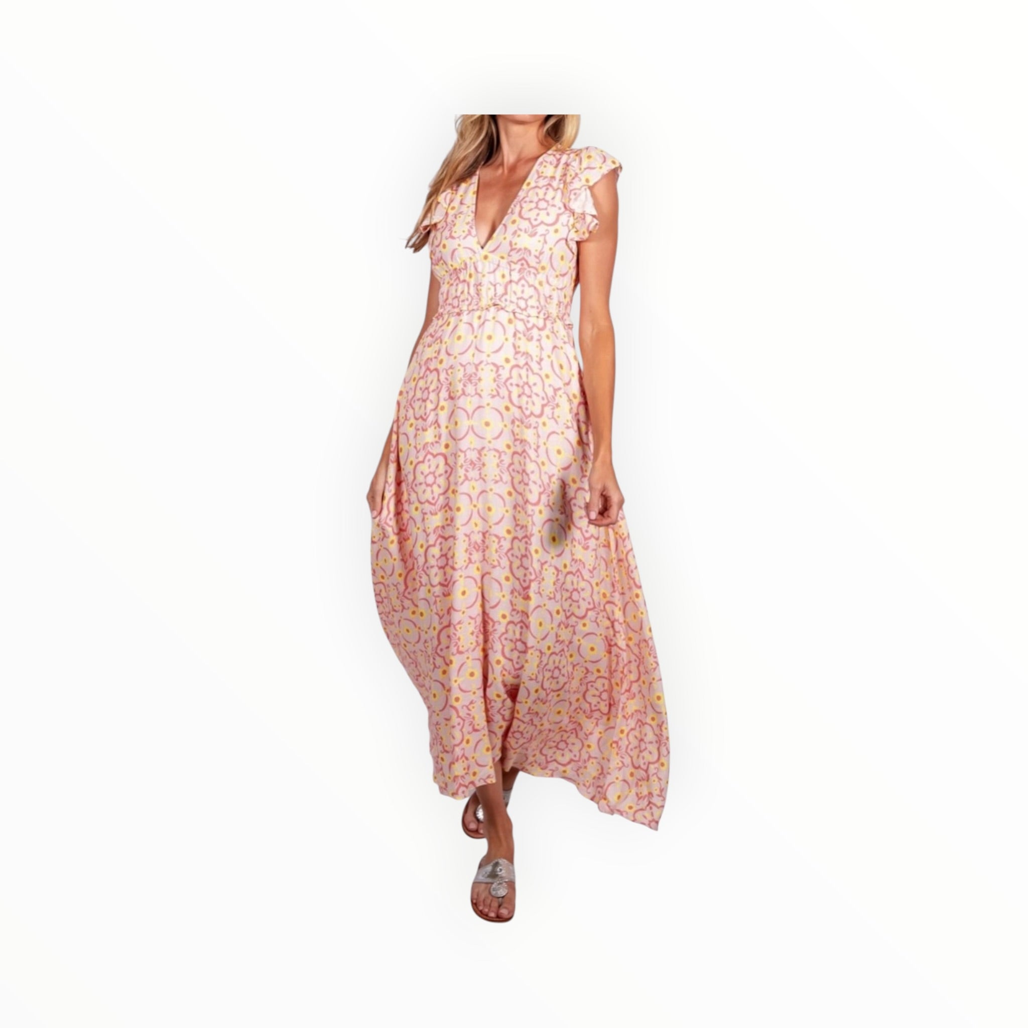 Sail To Sable Peach & Lemon Blush Medallion Print Flutter Sleeve V-Neck Dress