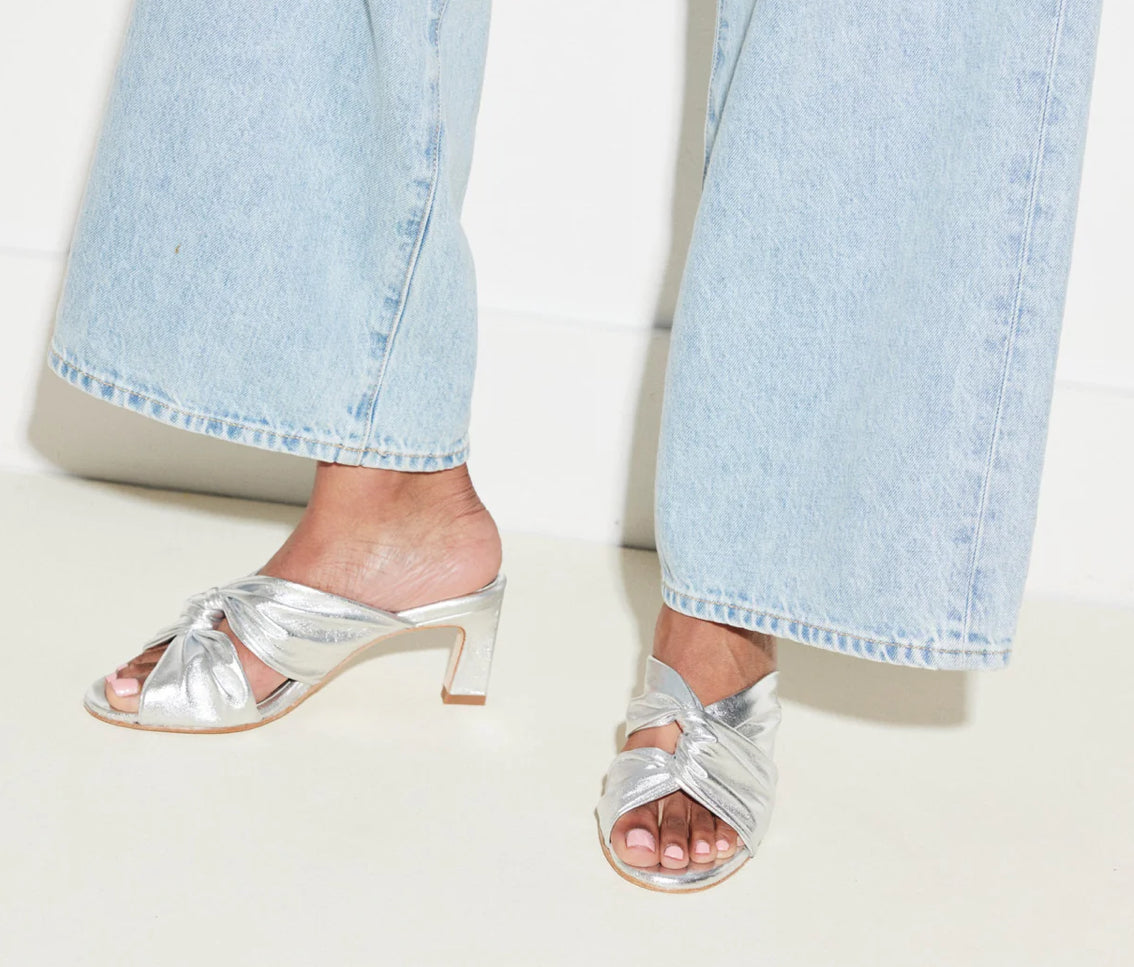 Frēda Salvador Valentina Ruched Mid-Heel Sandal - Silver Calf