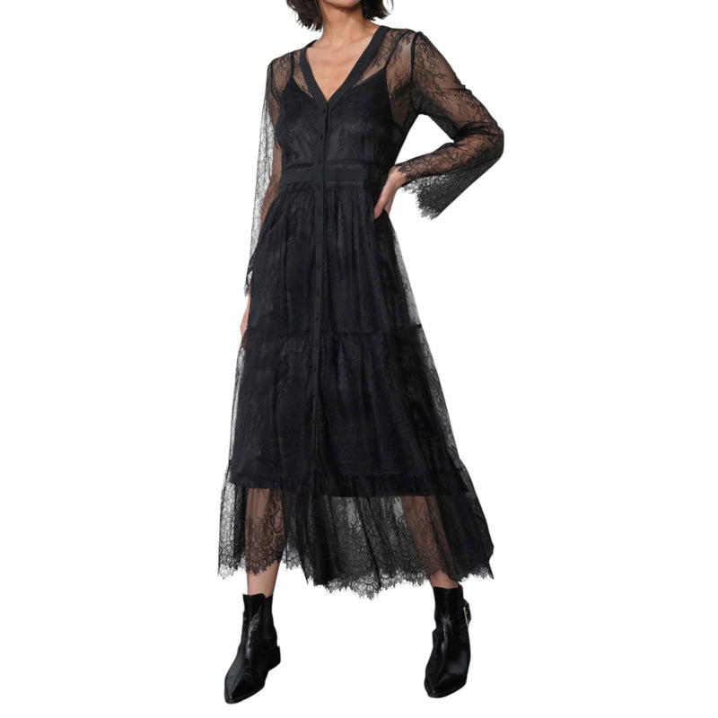 Greylin Emma Button Up Lace Tiered Maxi Dress - Black