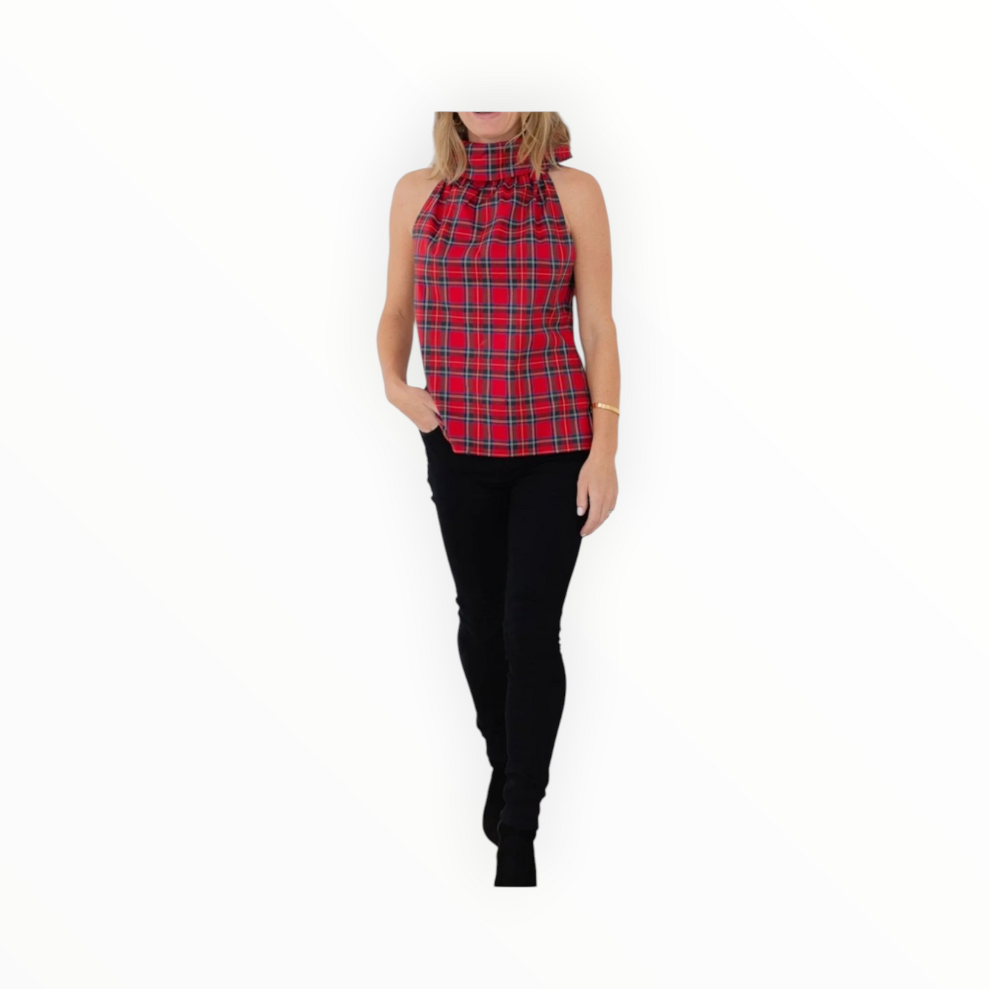 Sail to Sable Tartan Cowl Neck Button Back Top - Red