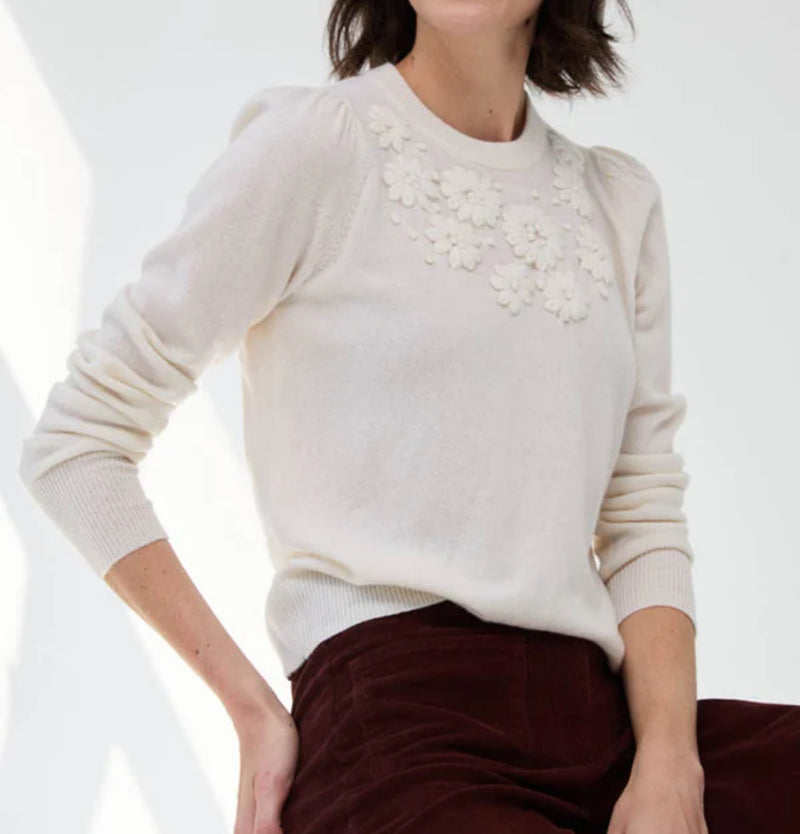 Autumn Cashmere Puff Sleeve Crew w/ Floral Hand Embroidery - Chalk