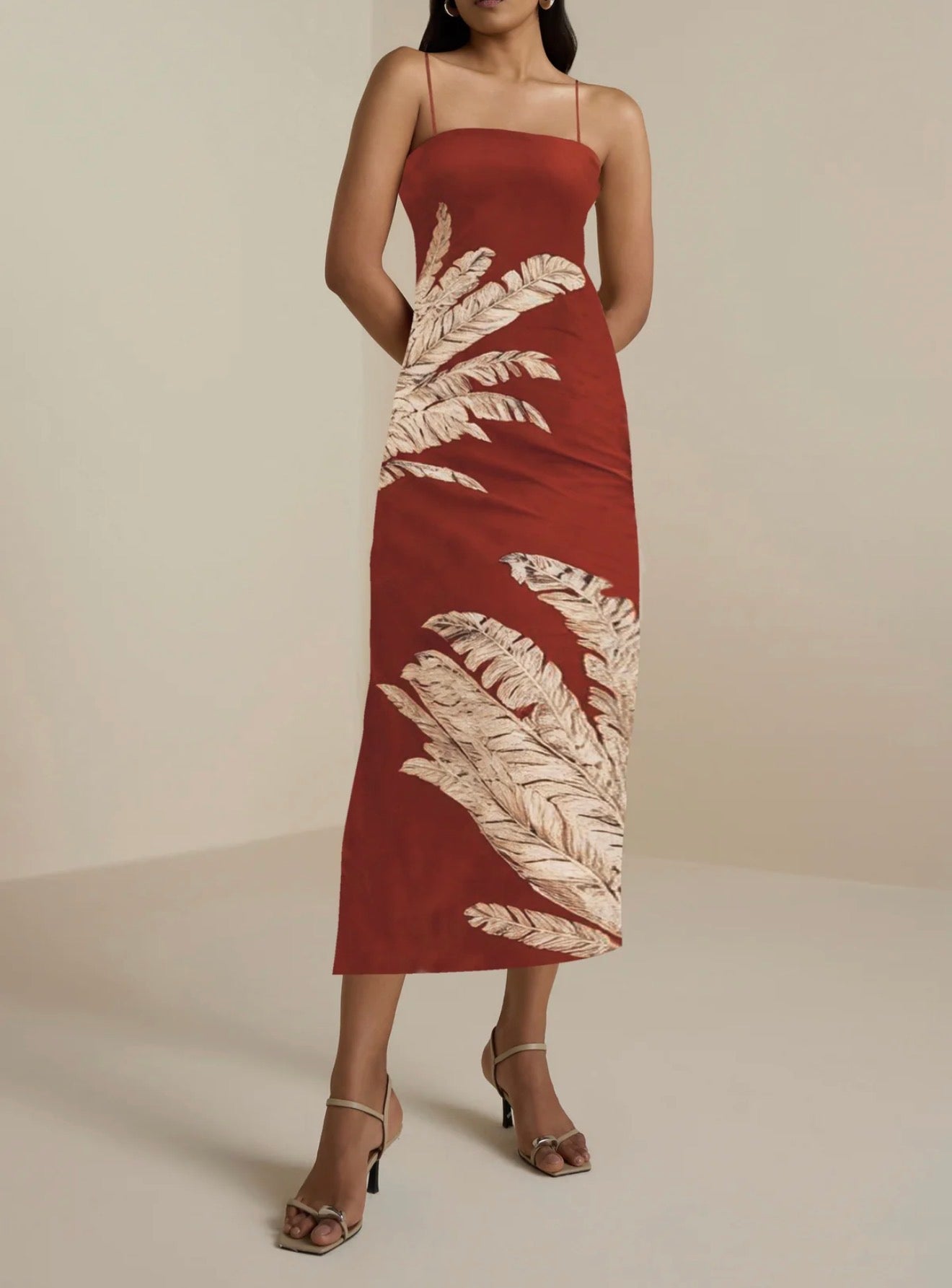 Hemant & Nandita Palm Strappy Midi Dress - Terracotta