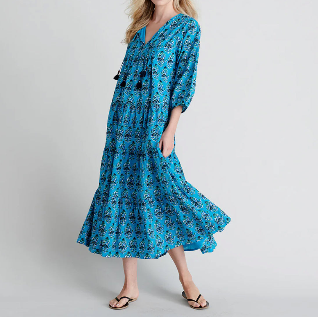 Pink Chicken Indira Dress - Azure Posey Block Print