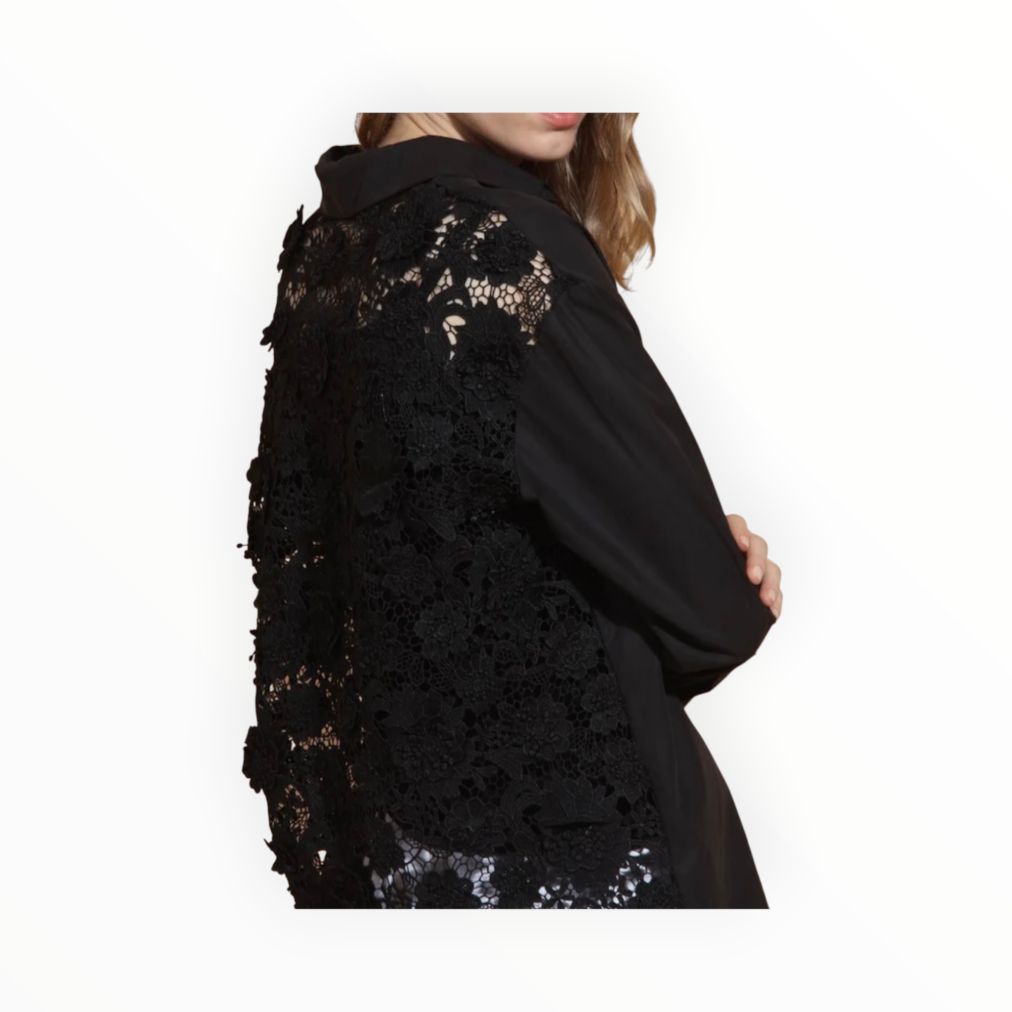 Jessie Liu Cotton Shirt with 3-D Applique Lace Back - Black