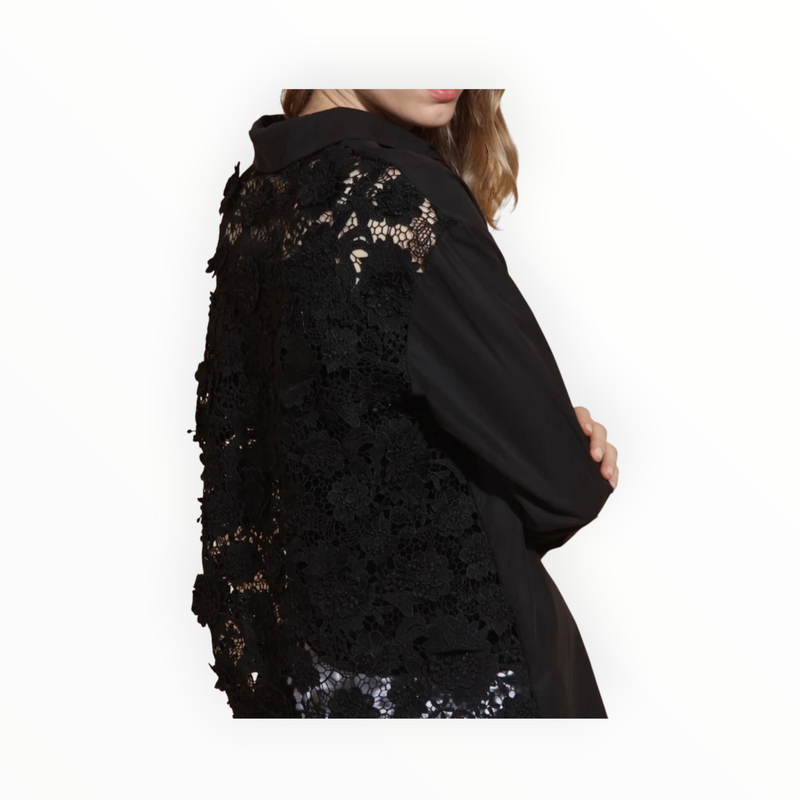 Jessie Liu Cotton Shirt with 3-D Applique Lace Back - Black
