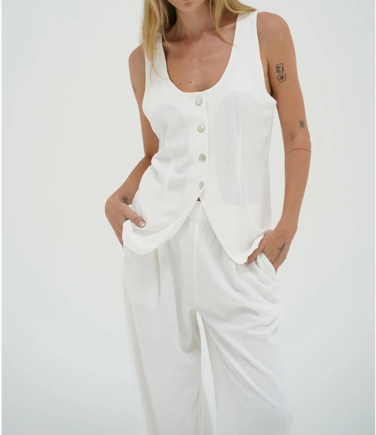 LNA Long Line Linen Vest - Whisper White
