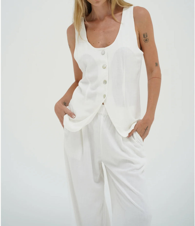 LNA Long Line Linen Vest - Whisper White