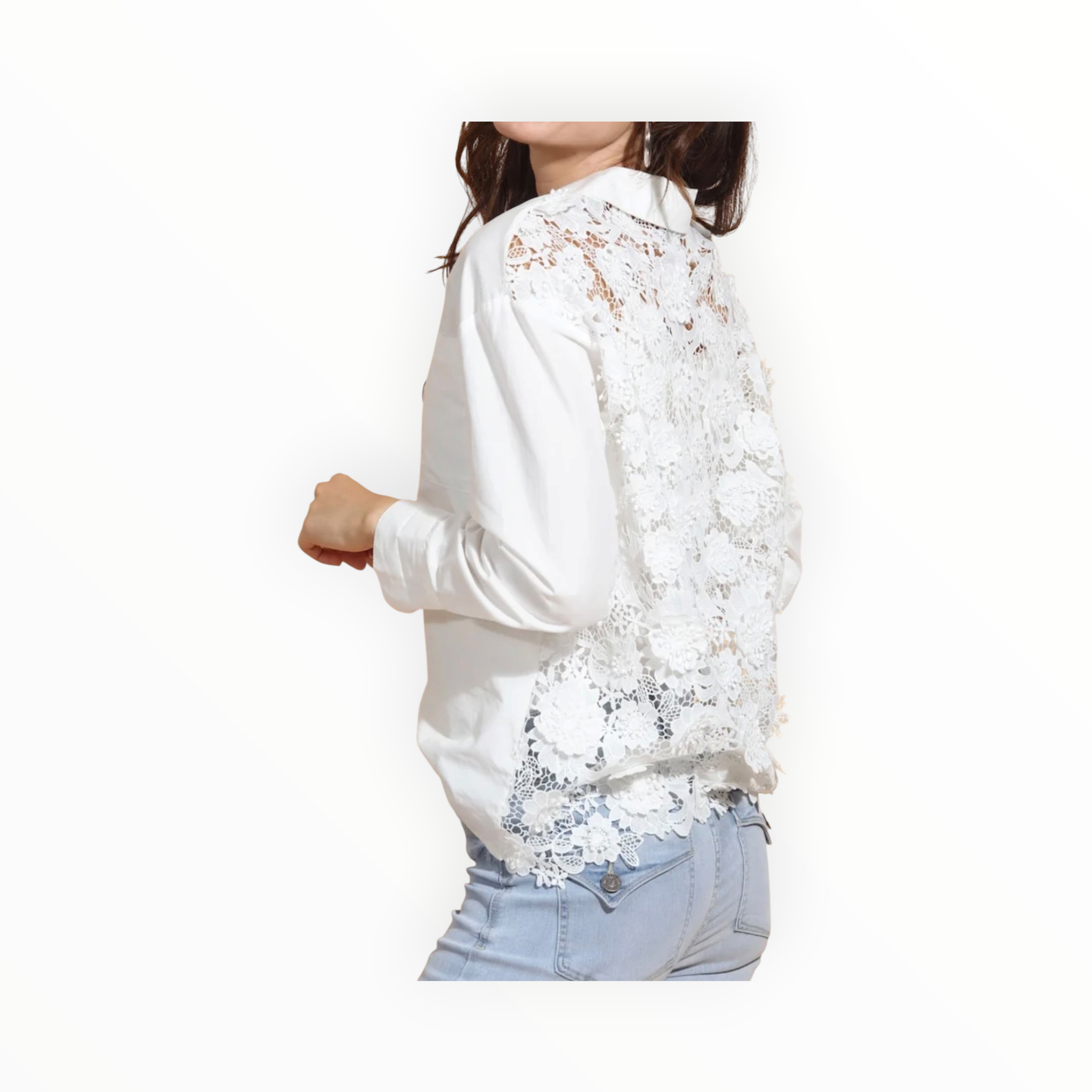 Jessie Liu Cotton Shirt with 3-D Applique Lace Back - White