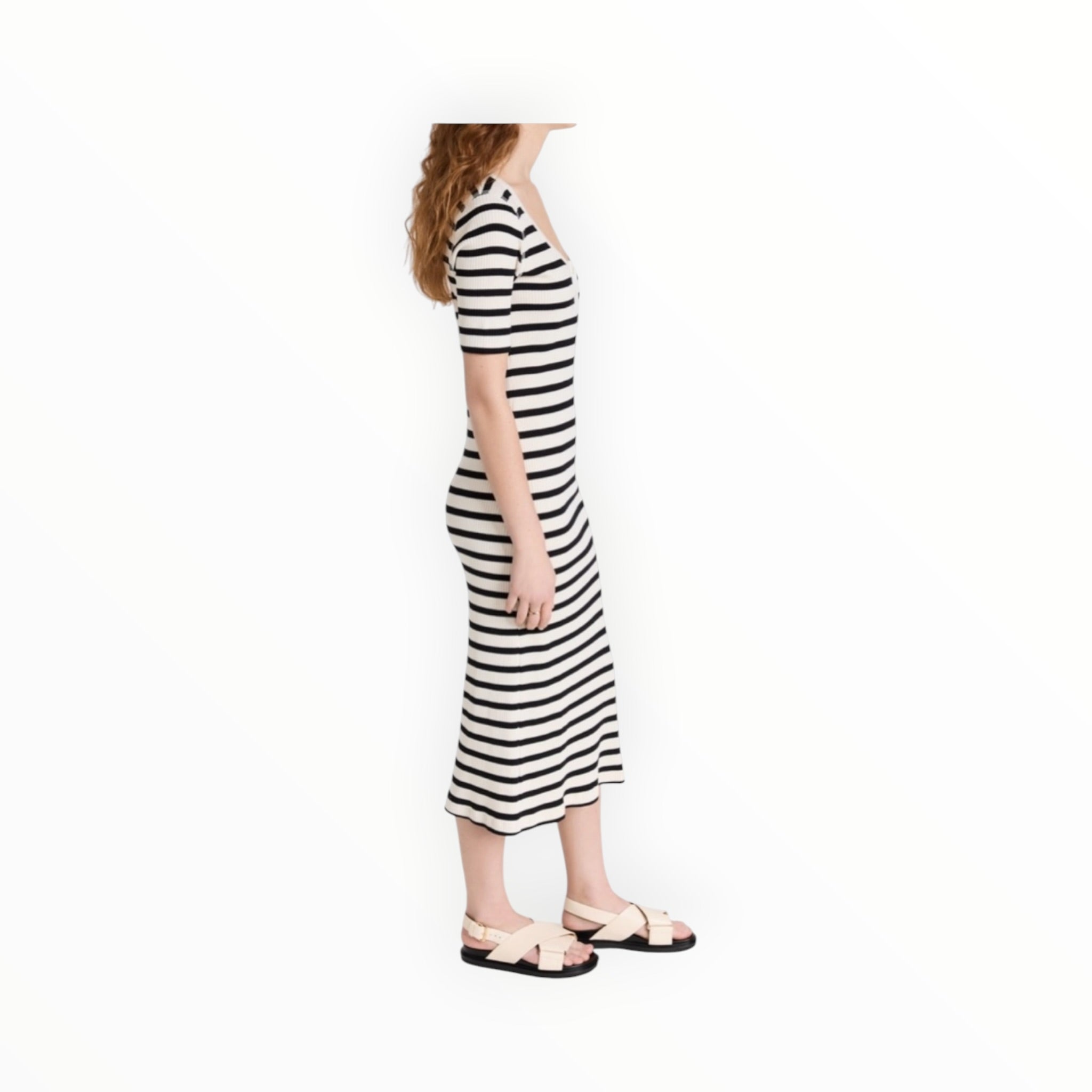 GANNI Striped Rib Knit Midi Dress - Black/White