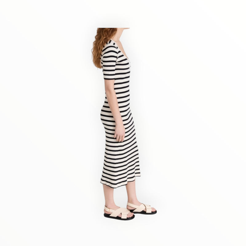 GANNI Striped Rib Knit Midi Dress - Black/White