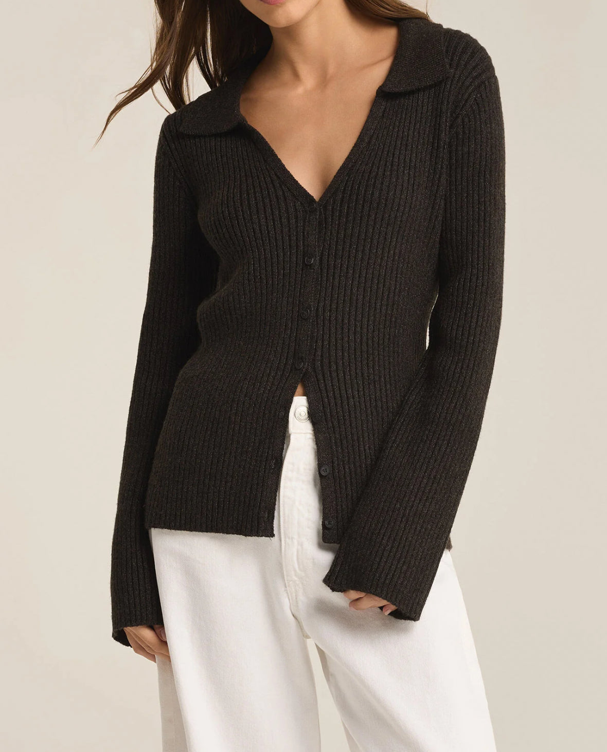 Z Supply Rina Button Up Sweater - Charcoal Heather