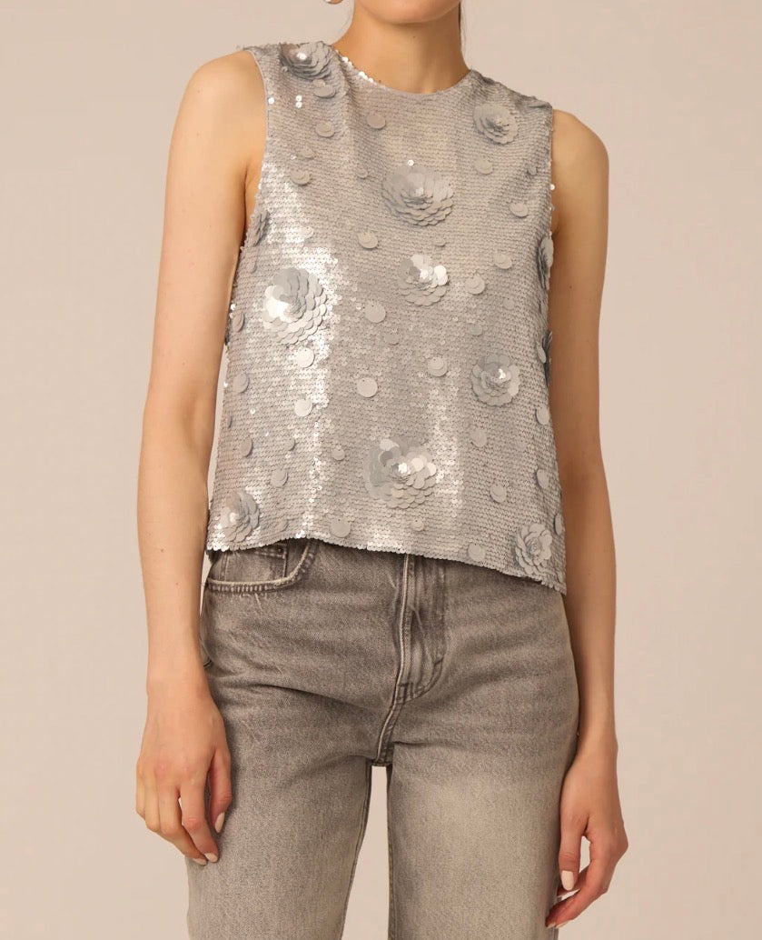 Gilner Farrar Piper Top - Silver Sequins Flowers