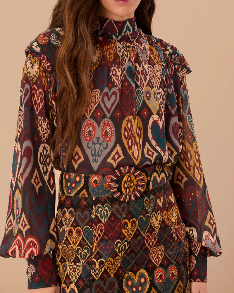 Farm Rio Black Hearts Ikat Blouse