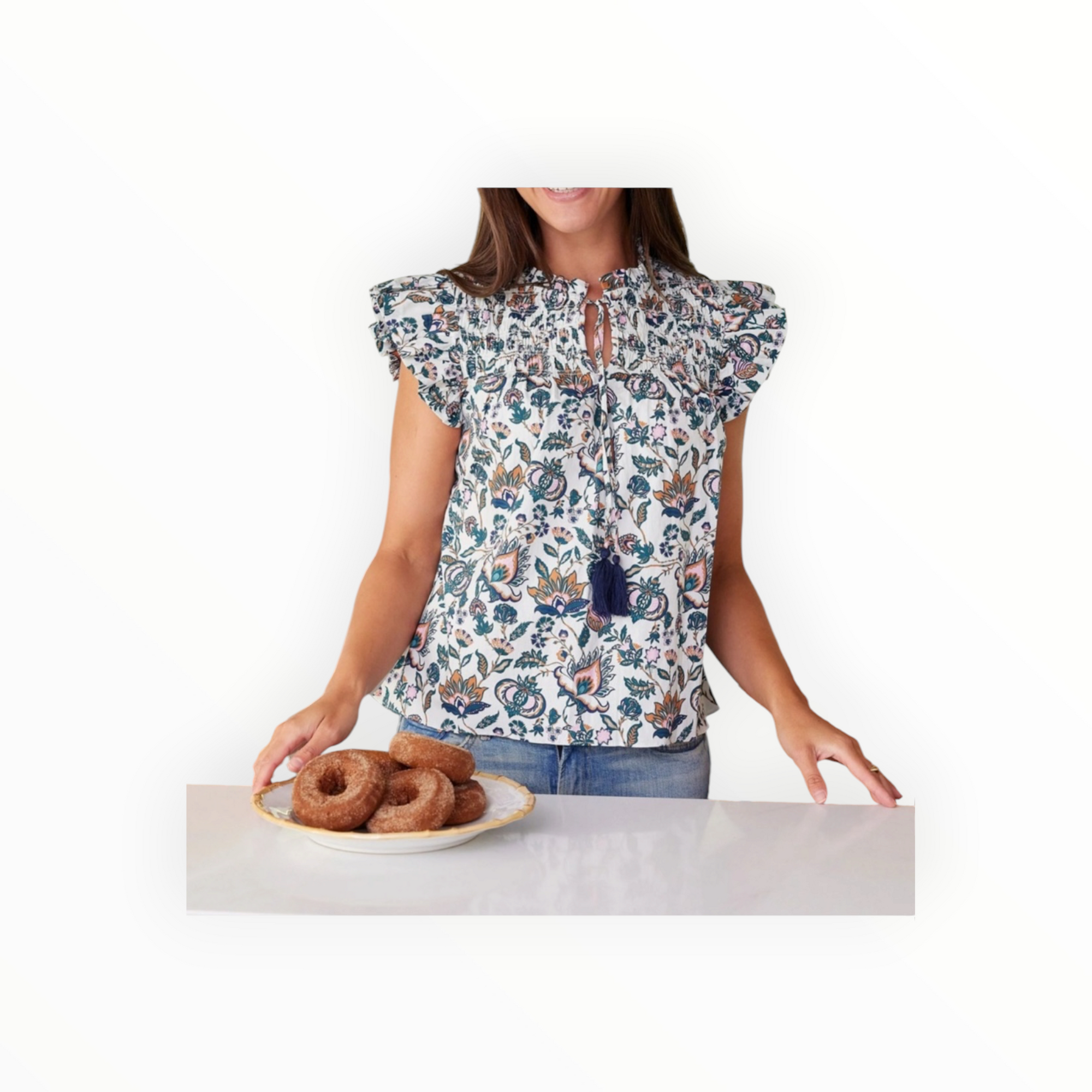 Sail to Sable French Floral Flutter Sleeve Top with Tassels