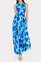 MILLY Jasmine Blurred Blossom Pleated Maxi Dress - Blue Multi