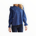 Sail to Sable Chambray Long Sleeve Ruffle Bib Blouse - Dark Blue Indigo