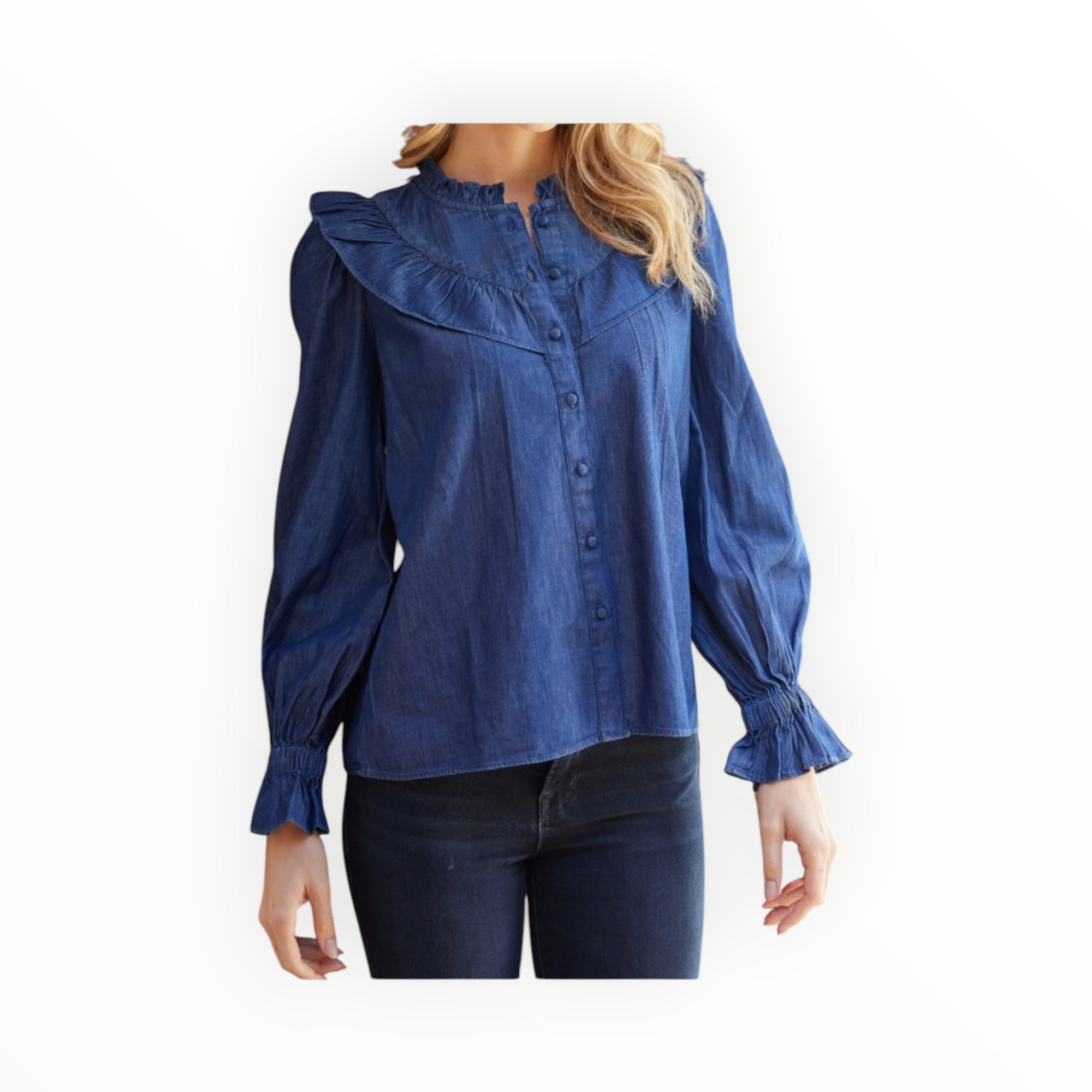 Sail to Sable Chambray Long Sleeve Ruffle Bib Blouse - Dark Blue Indigo